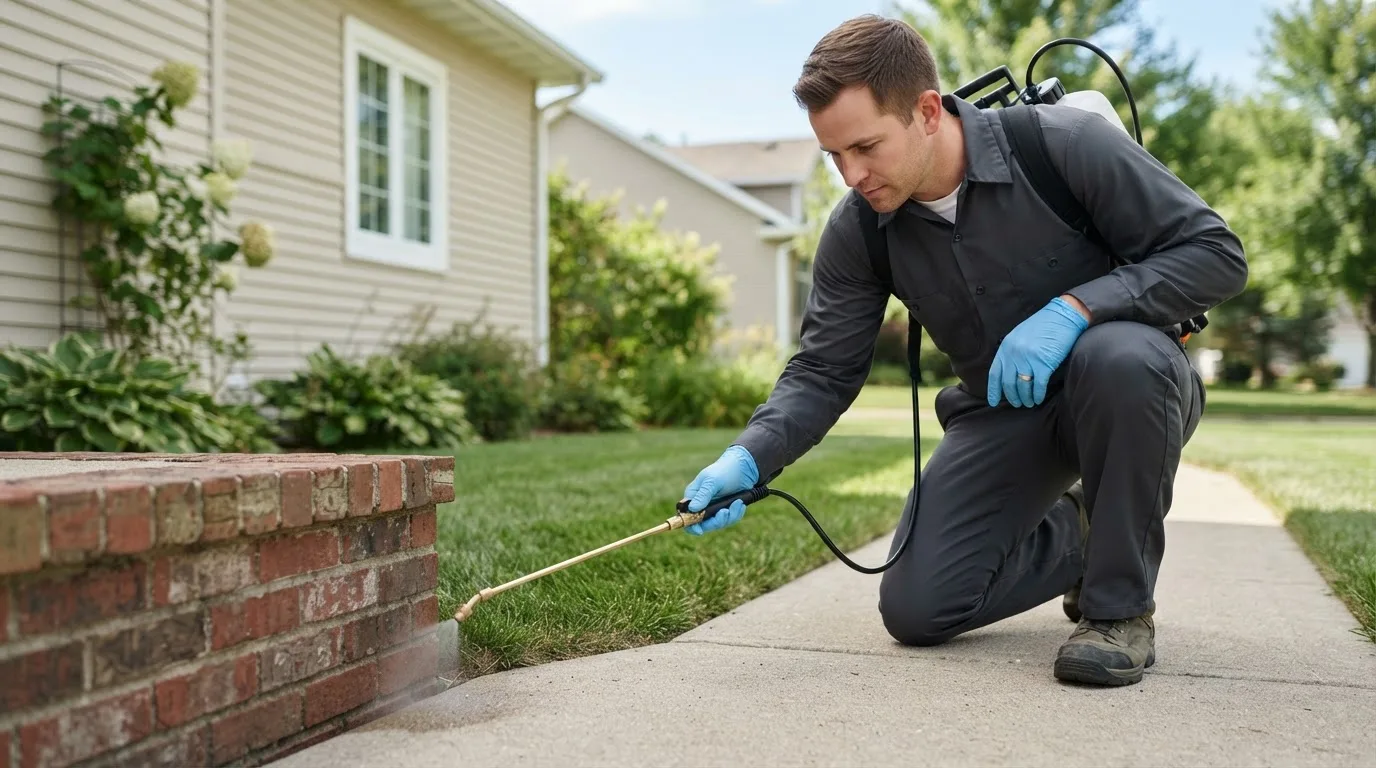 Pest control technician treating a home near Ambrose, ND