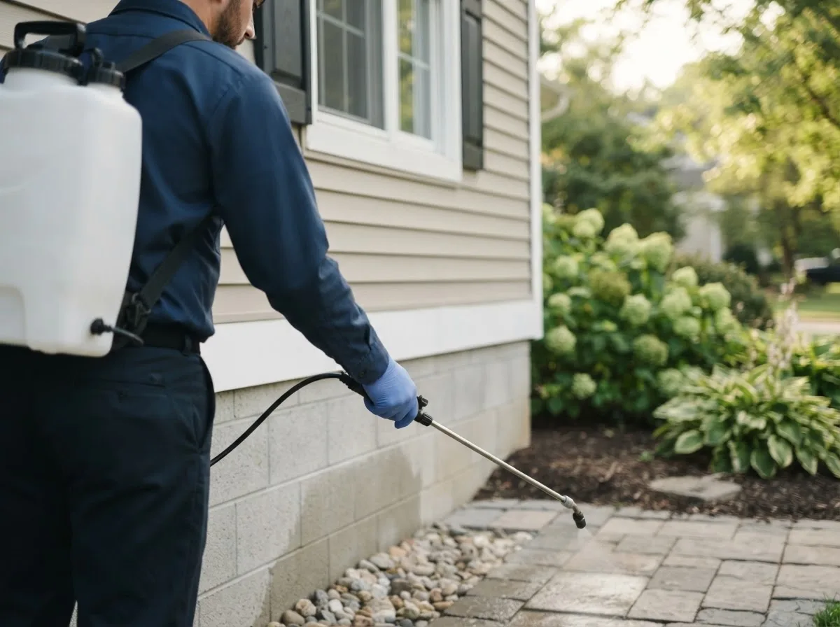 Pest control technician inspecting a home in Ambrose, ND